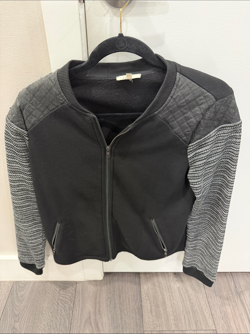 Mystree Black Quilted Shoulder & Knit Sleeve Bomber Jacket